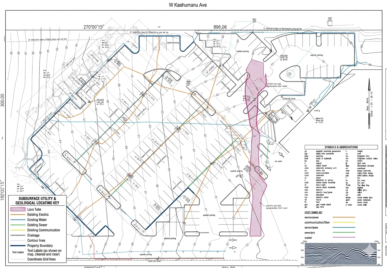 Lava tube detection Maui — Subsurface utility and geological locating map, Maui Police HQ, W Kaahumanu Avenue, Wailuku
